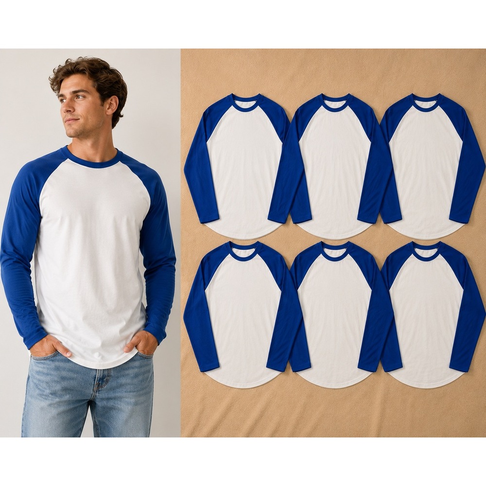 Royal Avalon Sport Mens Large Baseball Tee Royal‎ Blue White Raglan Cotton 6Pk